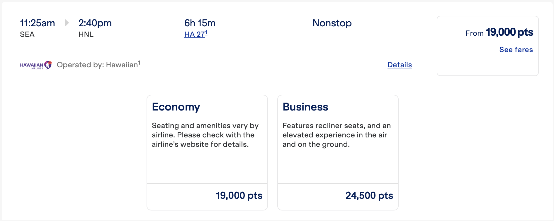 Hawaiian Airlines first class award bookable through JetBlue from SEA to HNL.