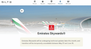 Screenshot showing Bilt Rewards transfer page for Emirates Skywards with pause