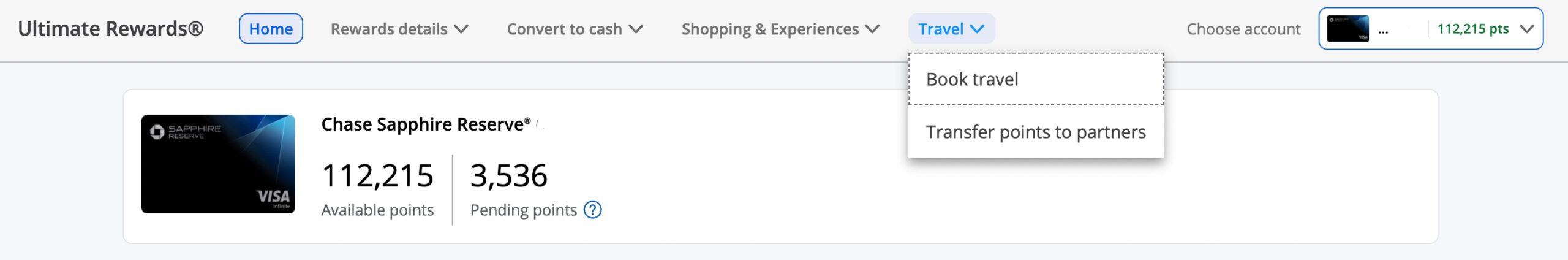 Screenshot of Chase Travel book travel option