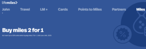 Banner image on LifeMiles website showing 155% bonus