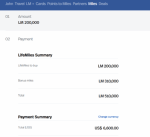 Screenshot showing buying 200k LifeMIles plus 155% bonus