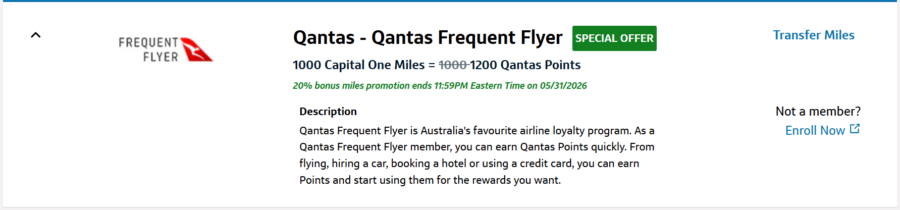 Capital One 20% transfer bonus to Qantas details