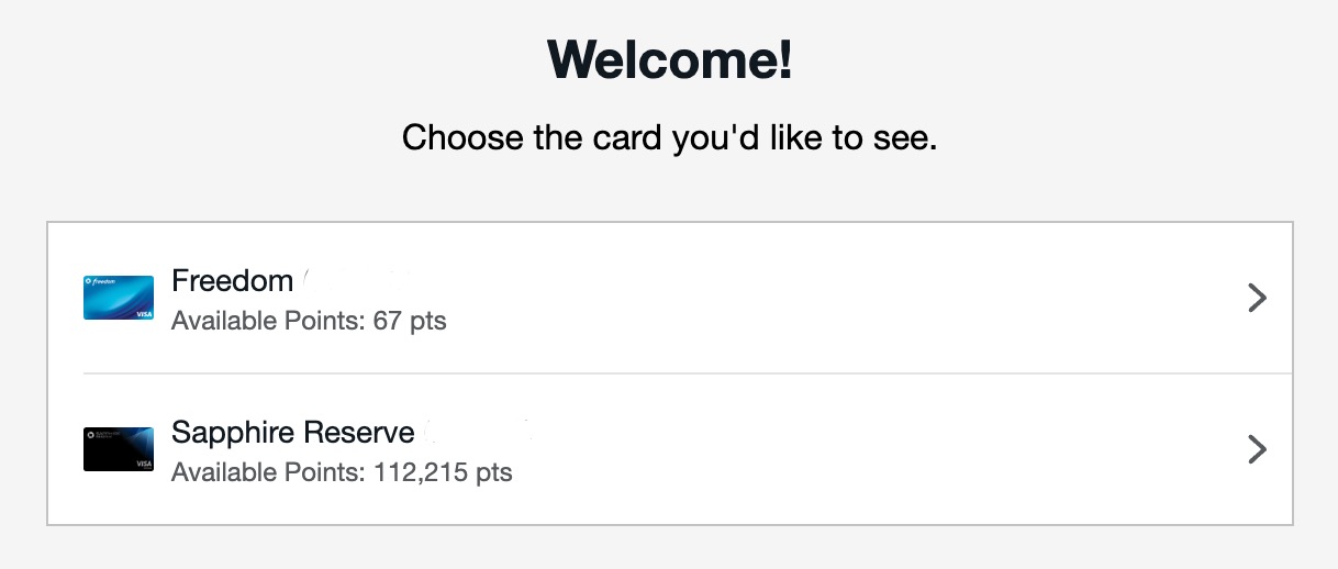 Screenshot of credit card selection for Ultimate Rewards