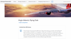 Screenshot showing Chase Ultimate Rewards 40% transfer bonus to Virgin Atlantic Flying Club