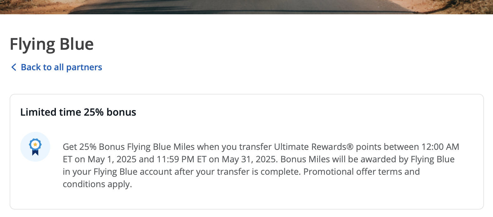 Screenshot showing Chase Ultimate Rewards 25% transfer bonus to Flying Blue.