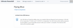 Screenshot showing Chase Ultimate Rewards 20% transfer bonus to Flying Blue.