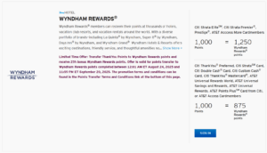 Screenshot of Citi ThankYou points 25% transfer bonus to Wyndham Rewards