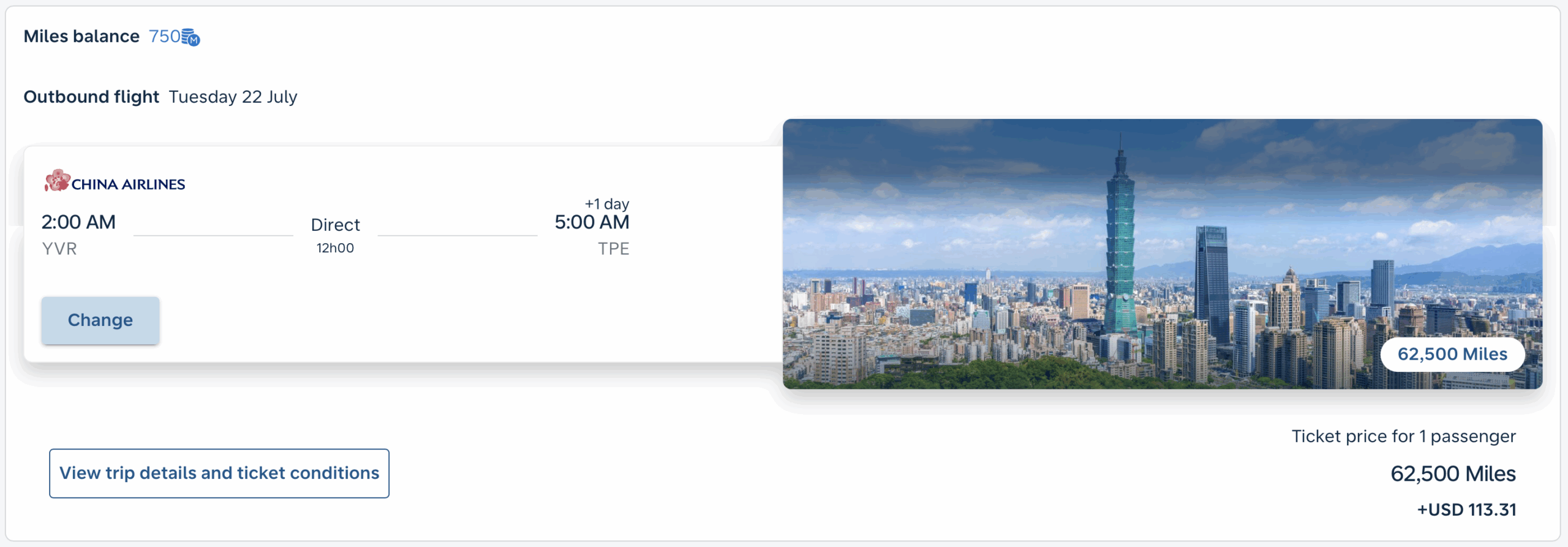 China Airlines award from YVR to TPE.
