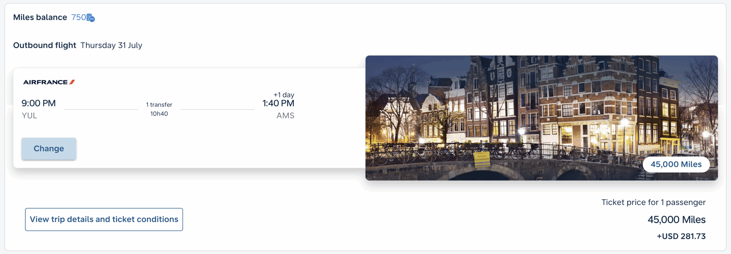 Flying Blue Promo Reward from YUL to AMS.