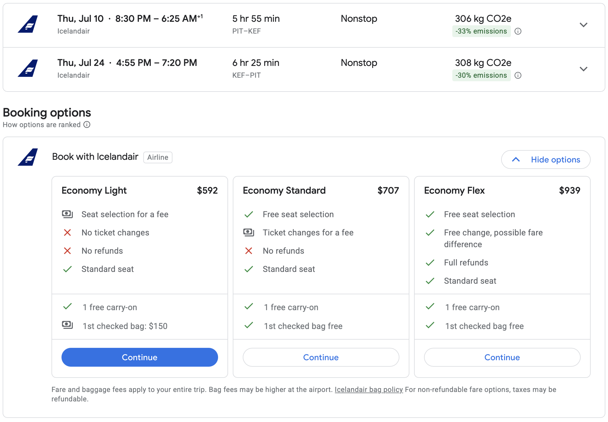 Google Flights results for PIT to KEF.