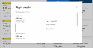 Screenshot showing Finnair business class award from Helsinki to London for 15k Alaska miles