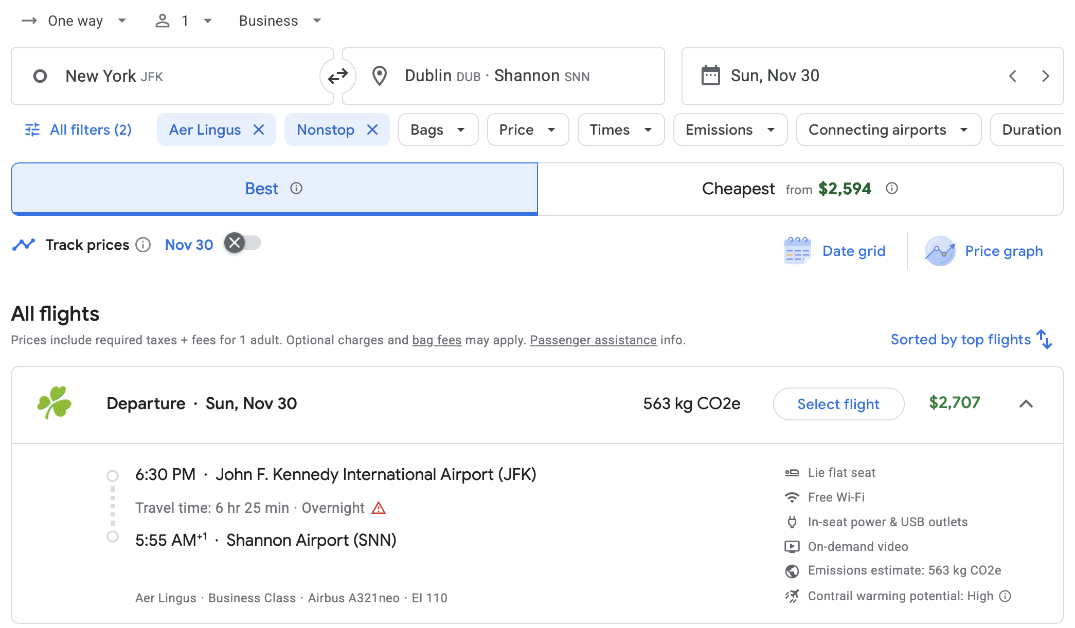 Google Flights for JFK to SNN