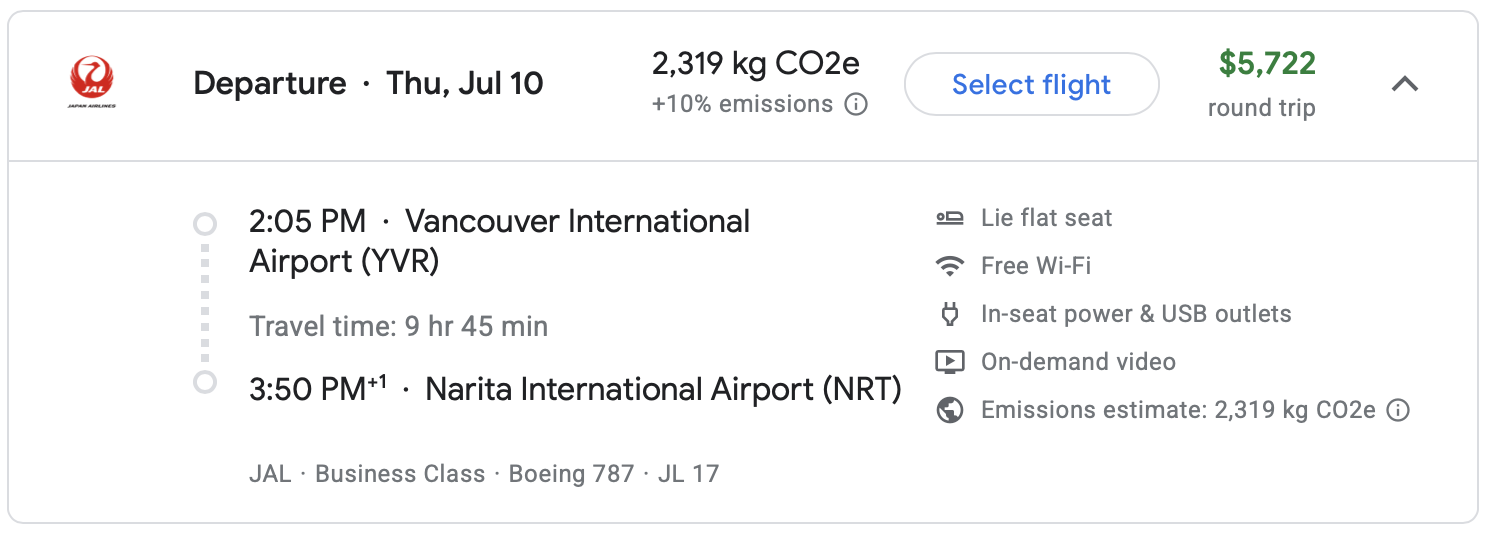 Google Flights results for YVR to NRT.