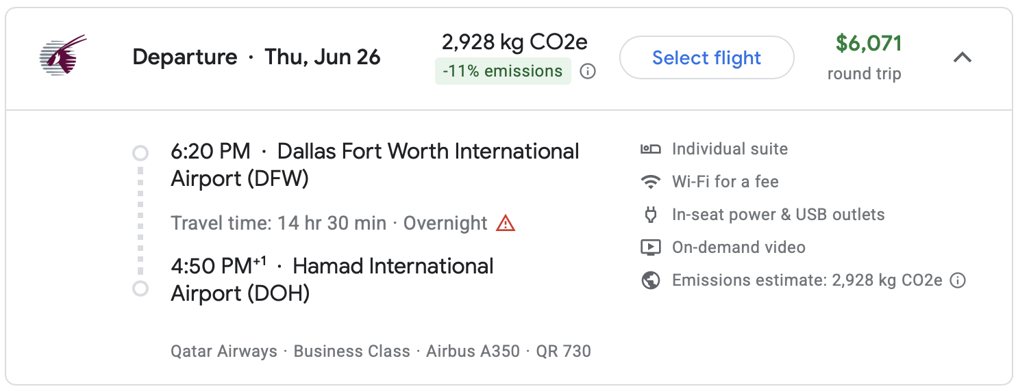Google Flights results for DFW to DOH.