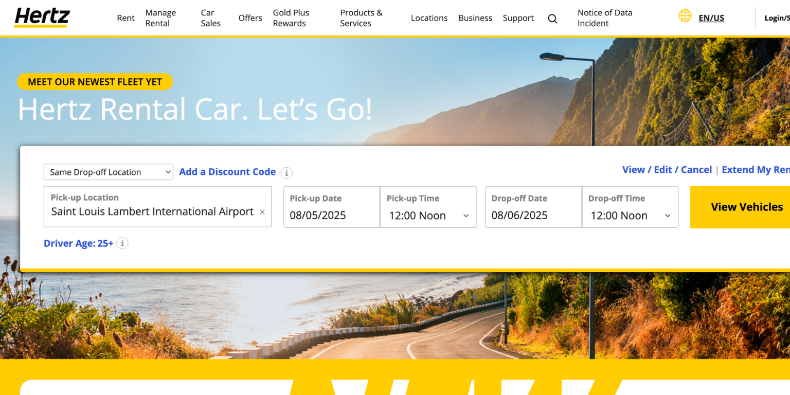 The Hertz Rental Car homepage with search criteria entered.