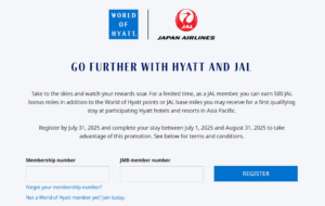 Screenshot of Hyatt promotion for bonus JAL Mileage Bank miles on Hyatt stays