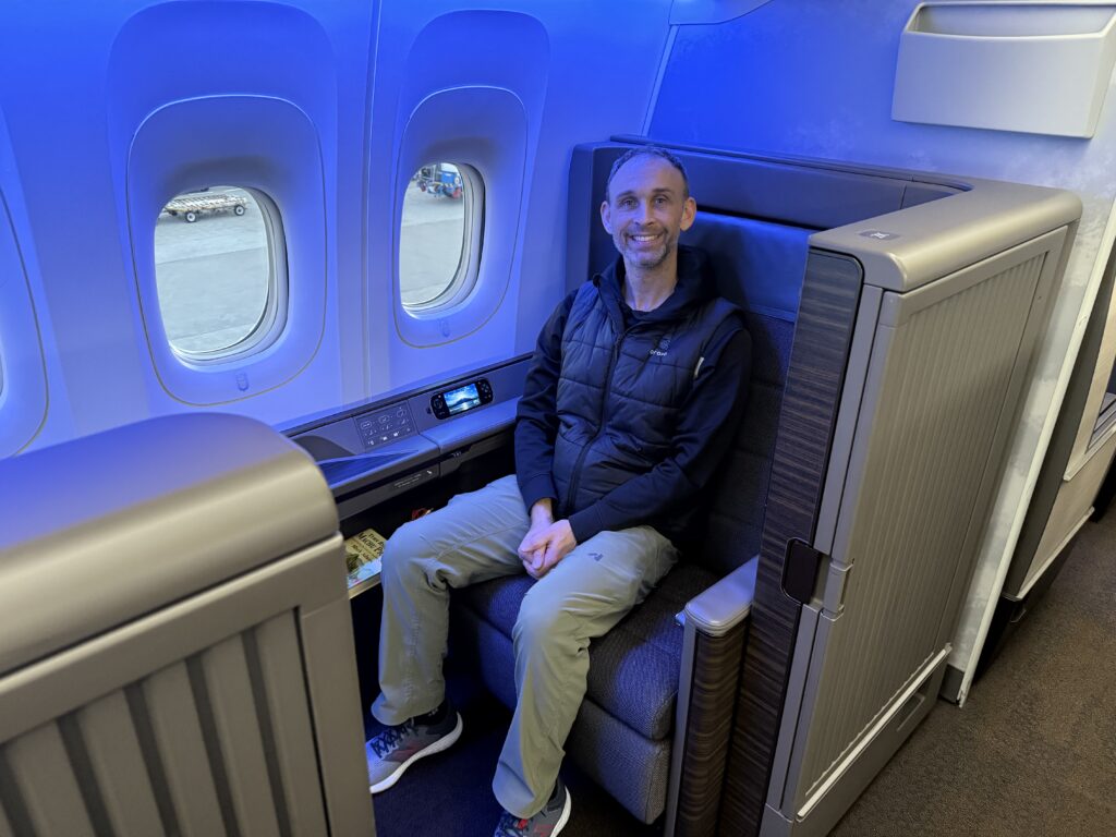 Photo of post author Cameron Laufer in ANA's "The Suite" first-class seat