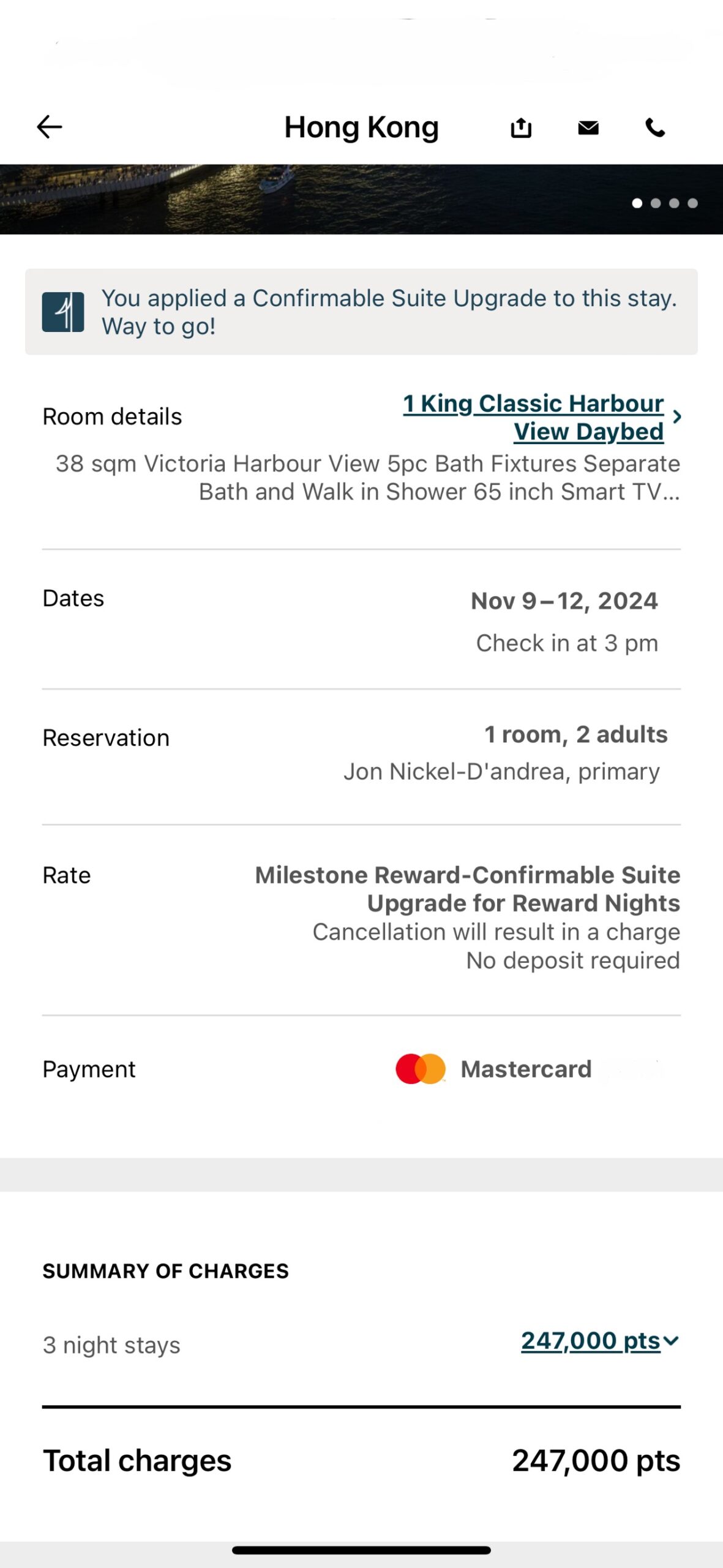 IHG Confirmable Suite Upgrade for a hotel in Hong Kong