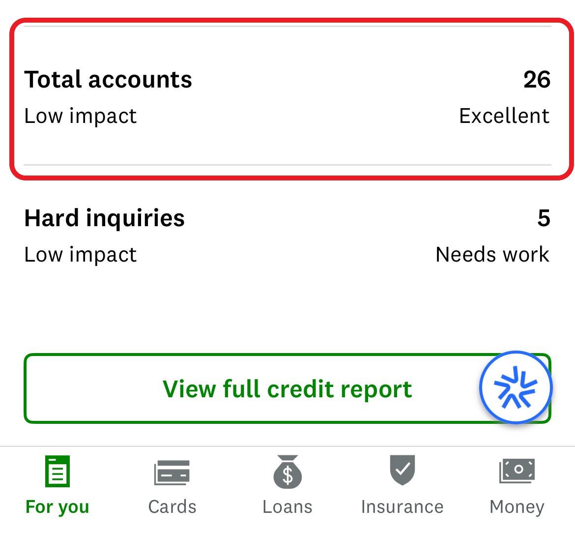 A screen shot from the Credit karma app shows how to view all accounts