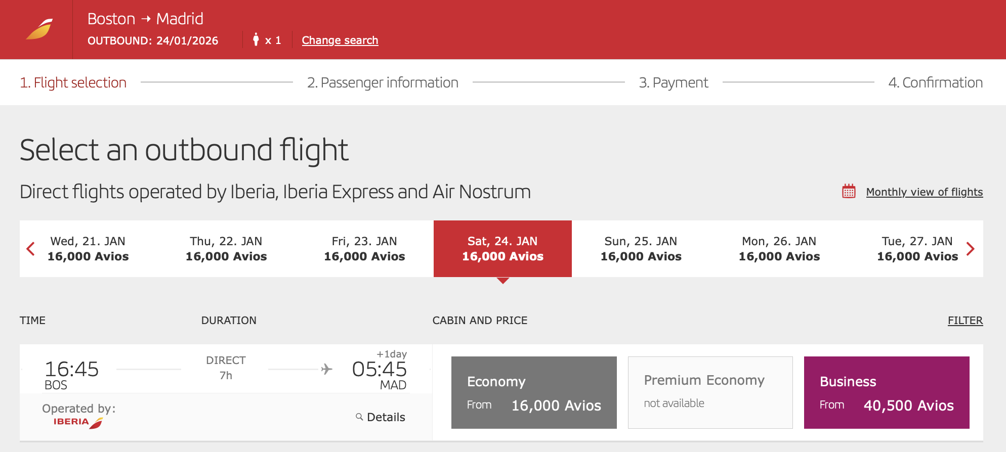 Iberia award from the US to Spain (Off Peak)