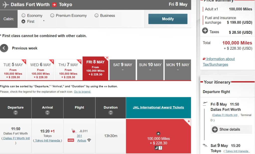 You can now book this JAL First class flight for 100K Bilt Points.