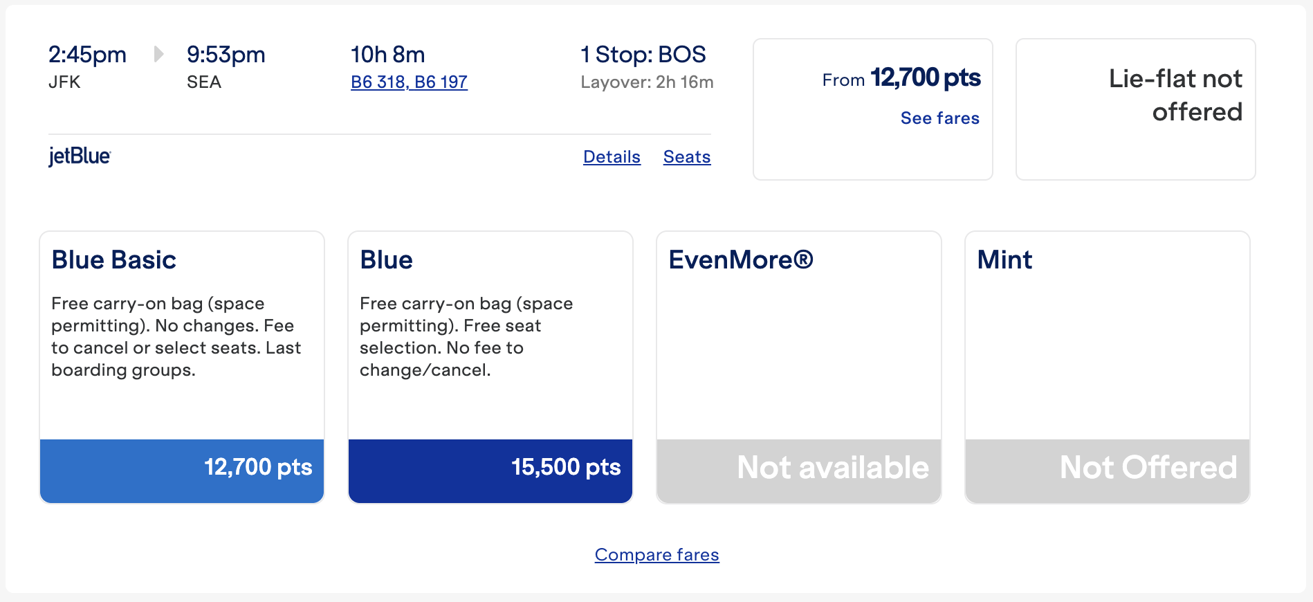 JetBlue redemptions on a flight from JFK to SEA.