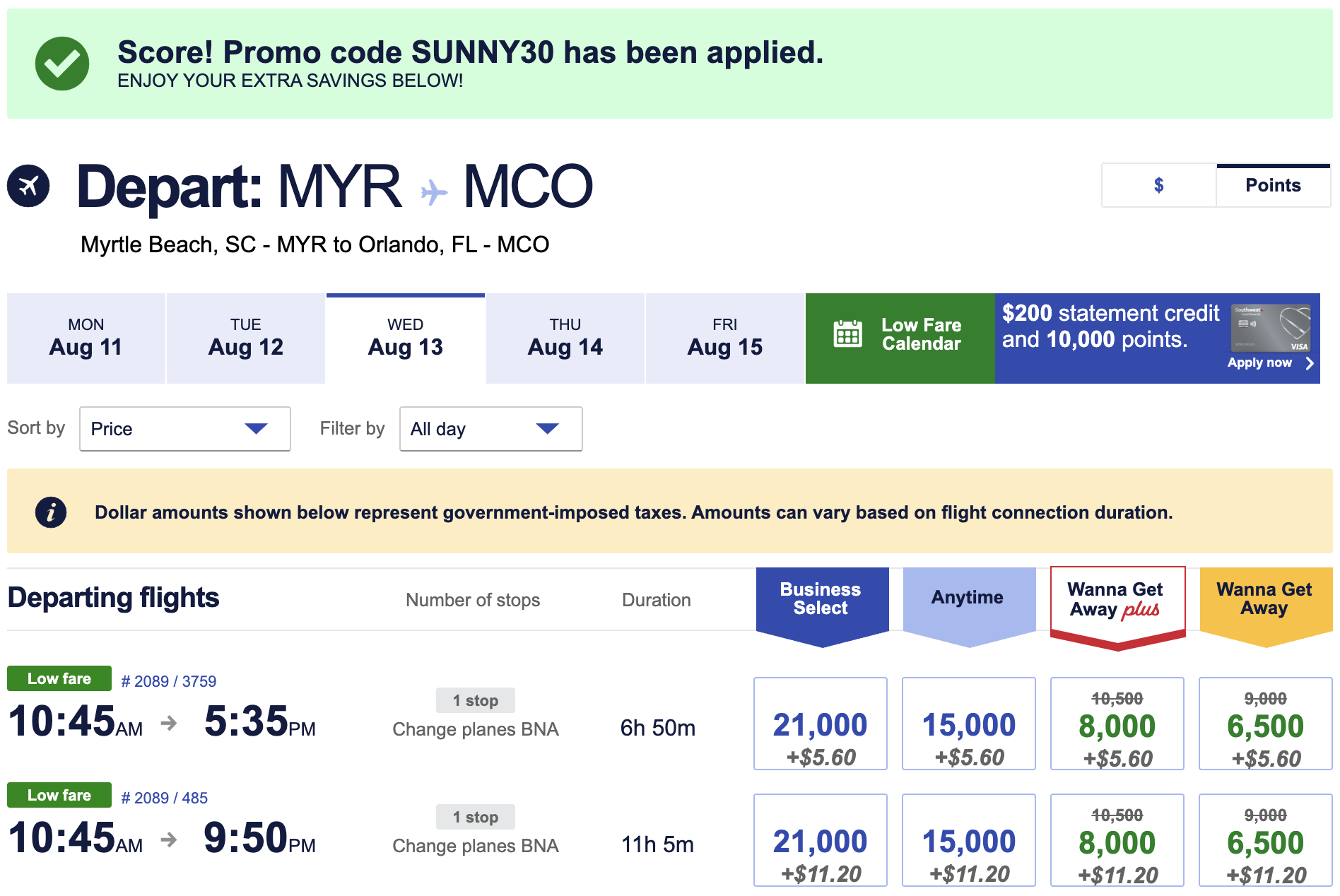 Southwest flight from Myrtle Beach to Orlando (points)
