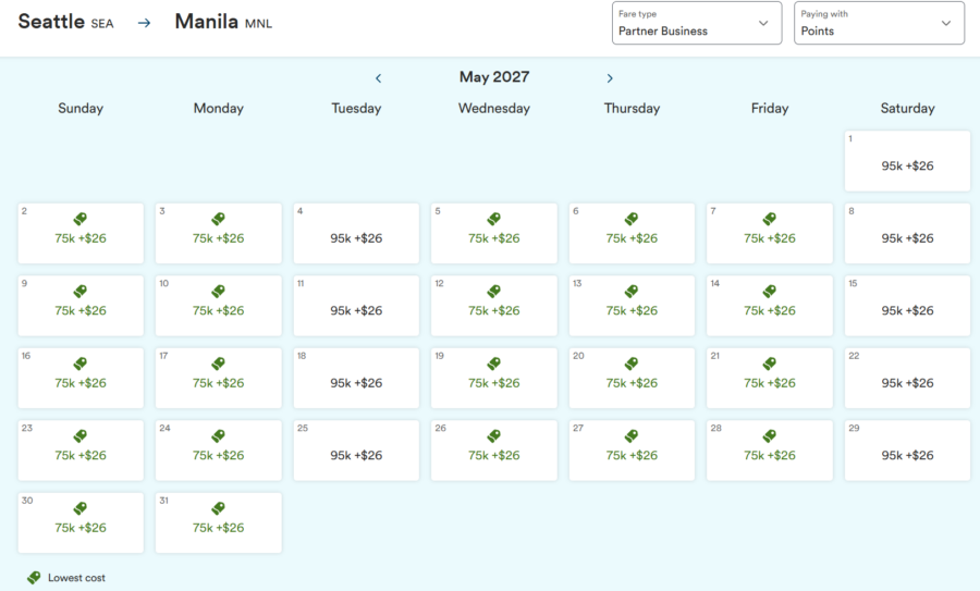 Screenshot of Atmos Rewards calendar award search results for Philippine Airlines from Seattle to Manila