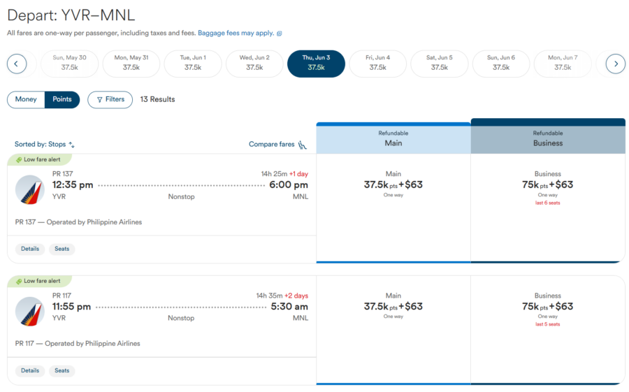 Screenshot of Atmos Rewards award search results for Philippine Airlines from Vancouver to Manila