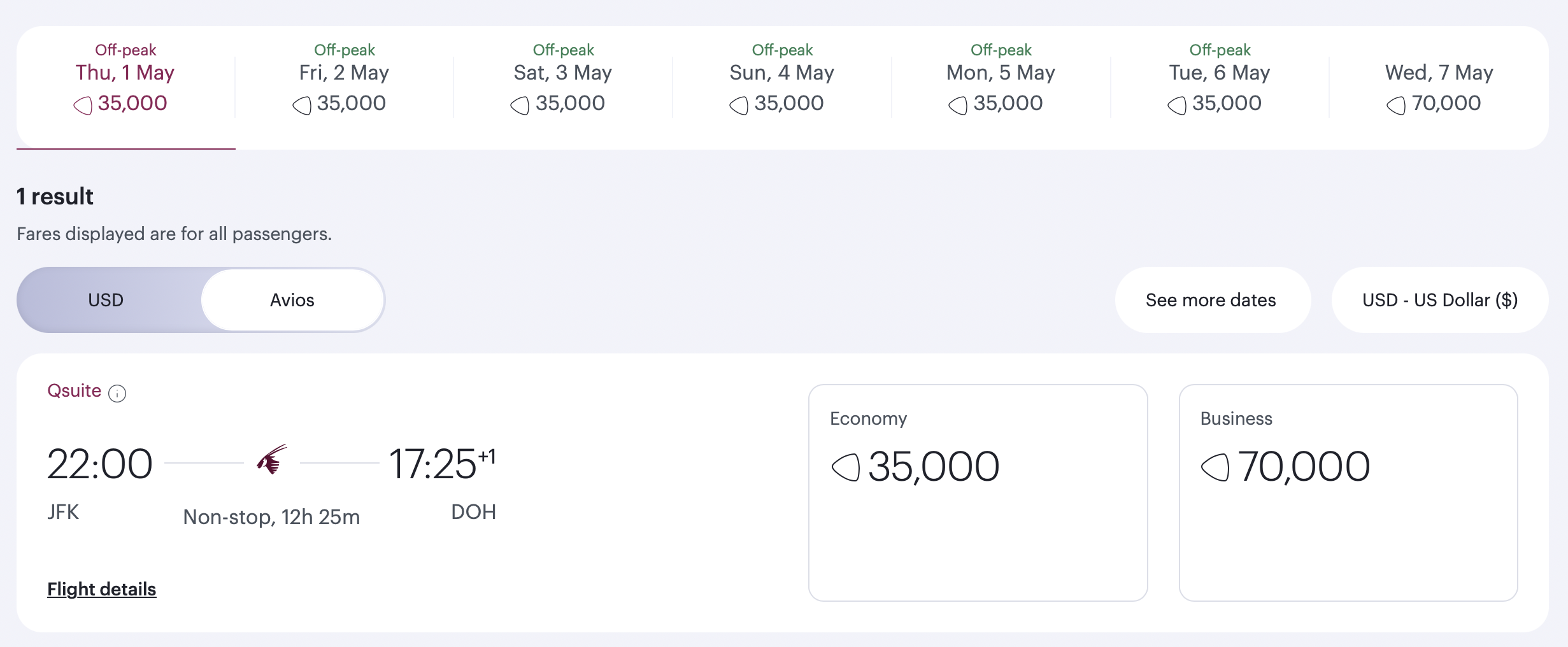 Qsuite award from JFK to DOH for 70k Avios.