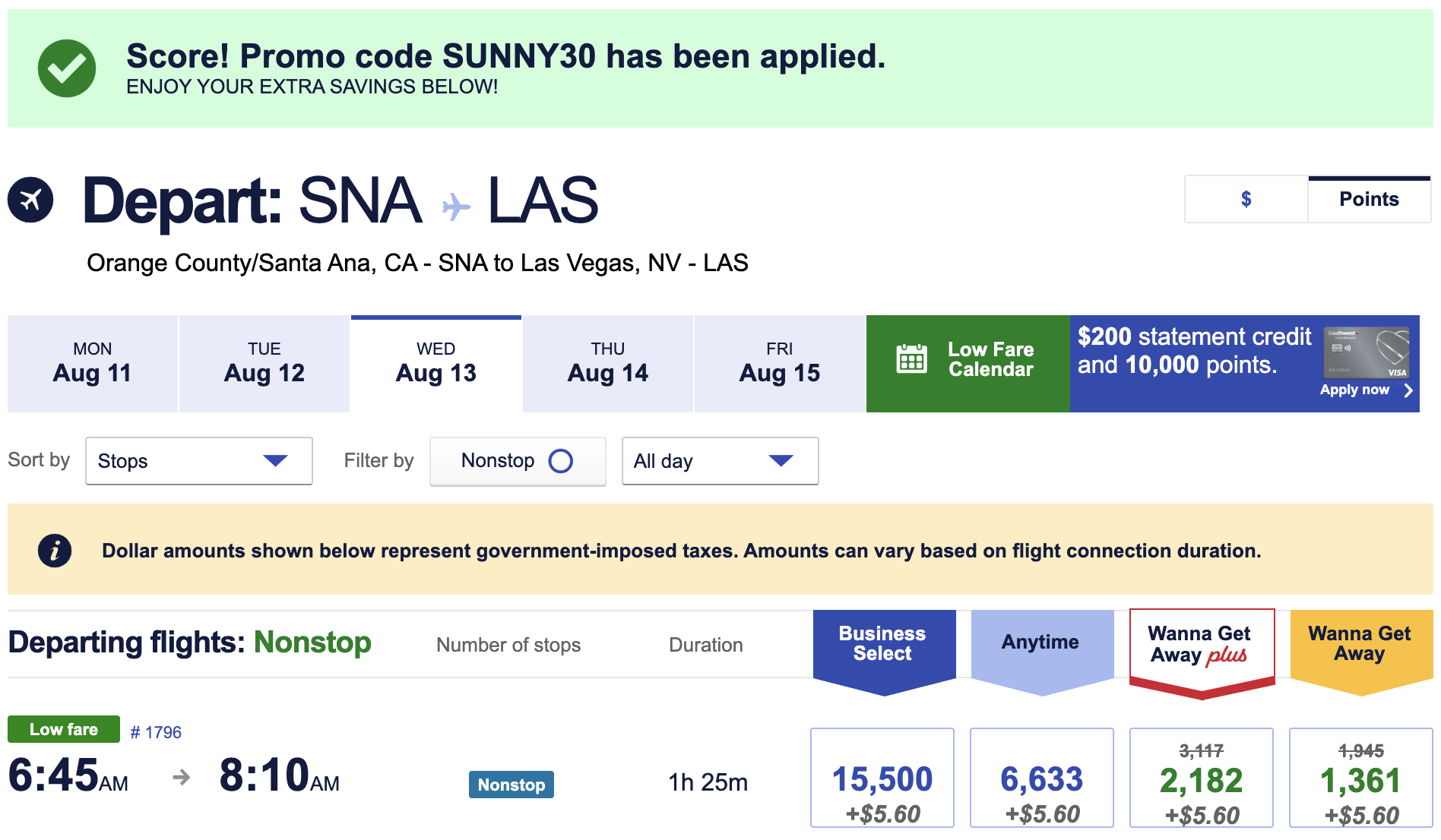 Southwest flight from SNA to LAS (points)
