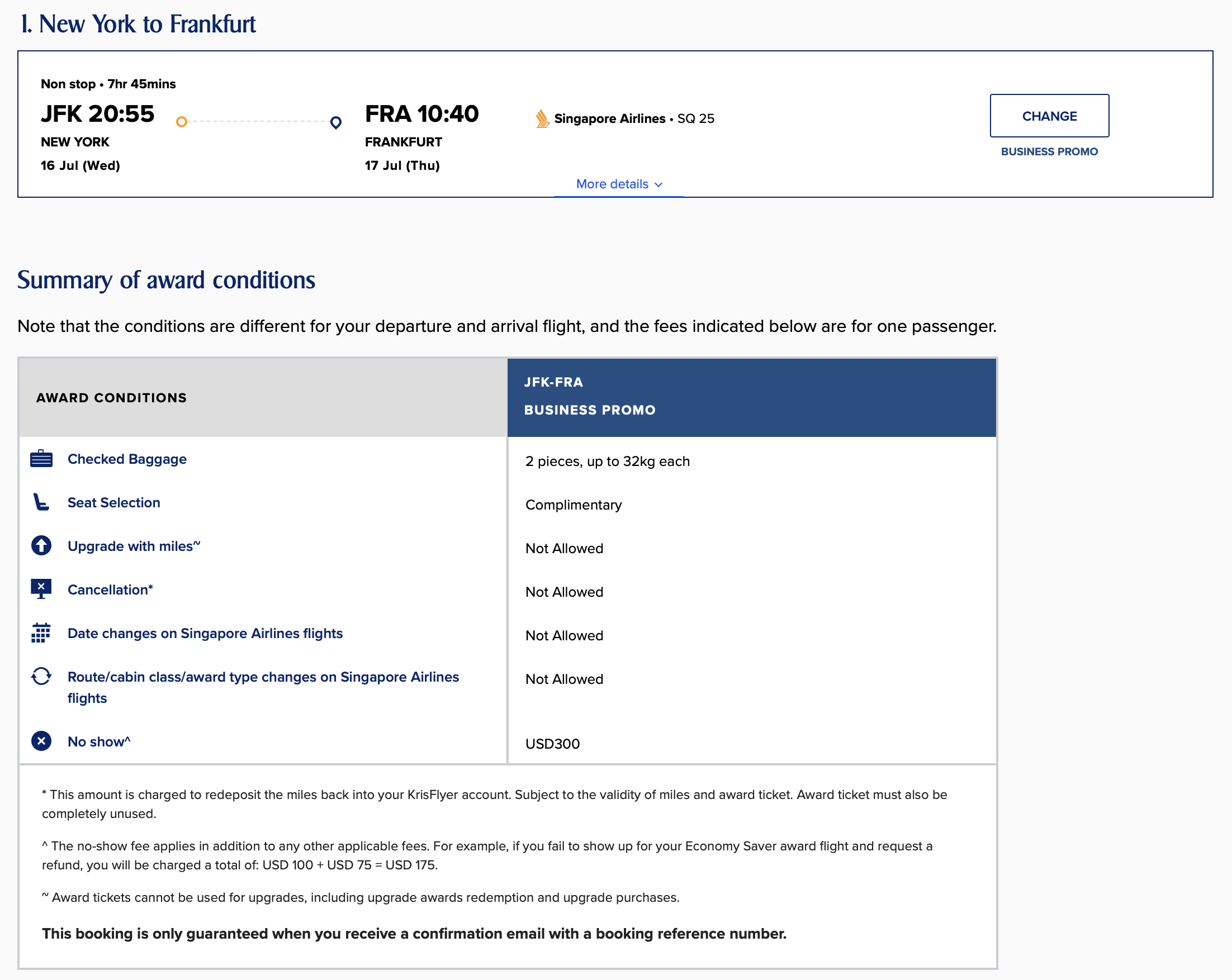 Singapore Airlines award conditions.