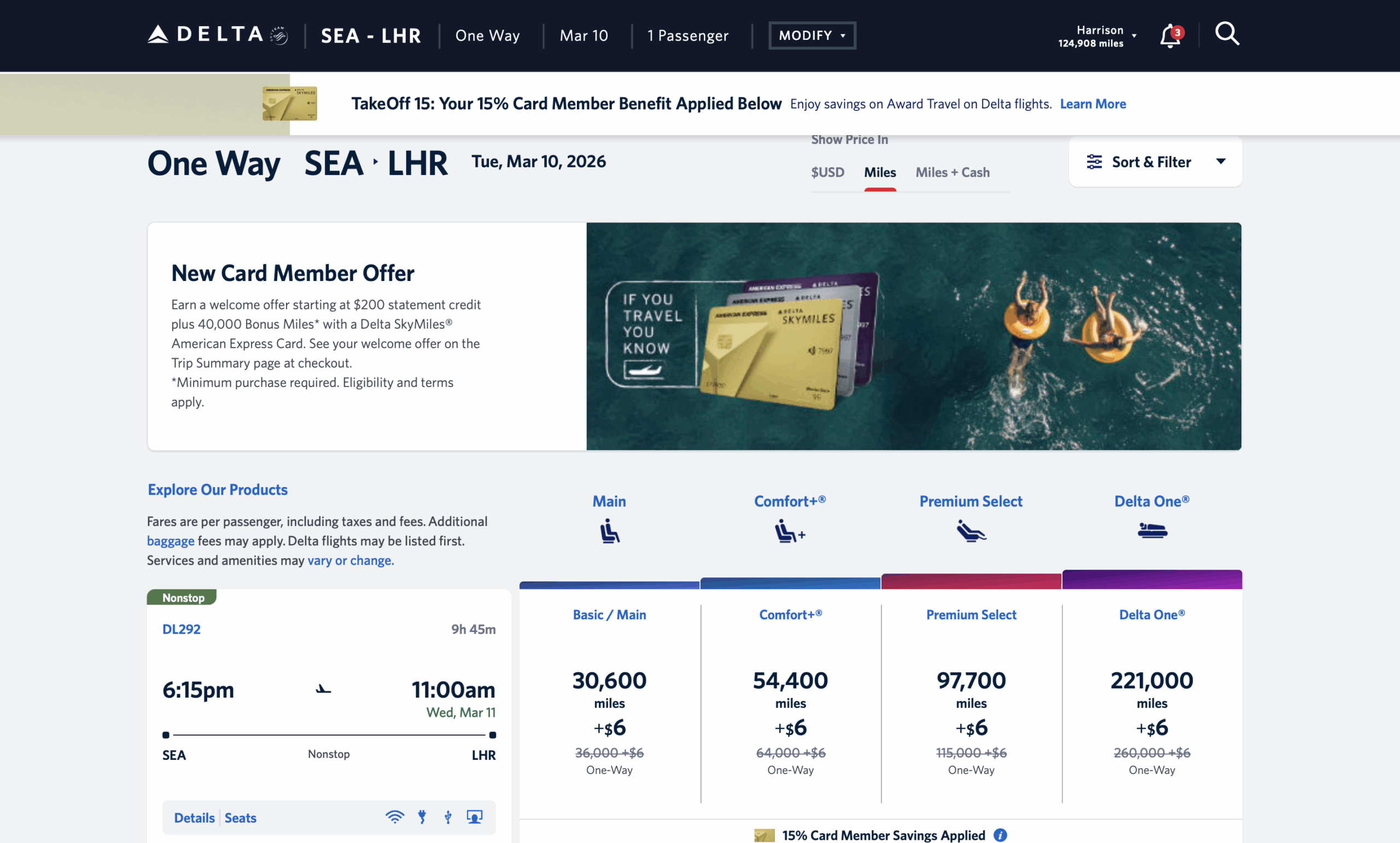 SEA to LHR Delta award with TakeOff 15 benefit applied
