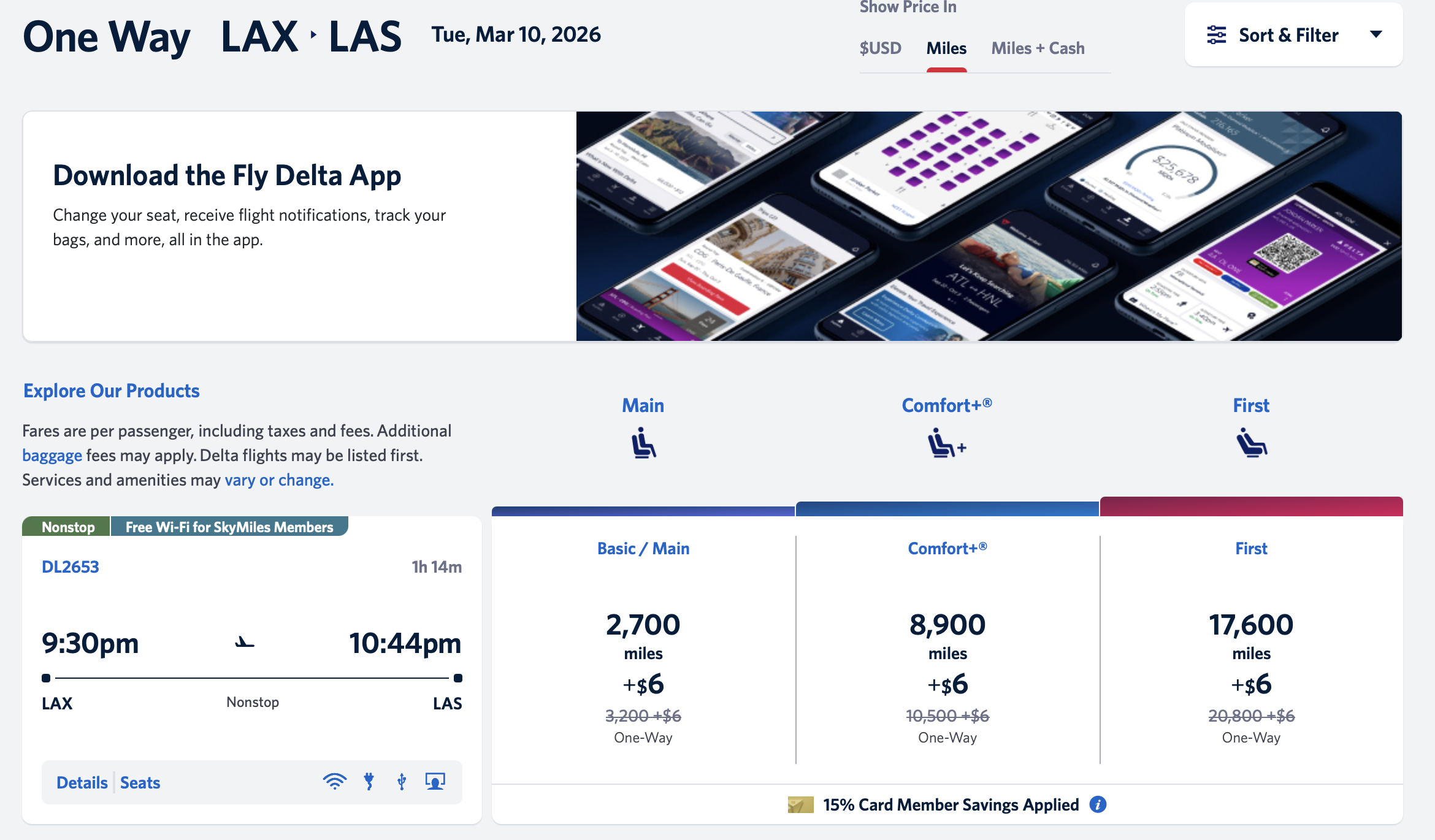 LAX to LAS Delta award for 2,700 miles with the TakeOff 15 benefit applied