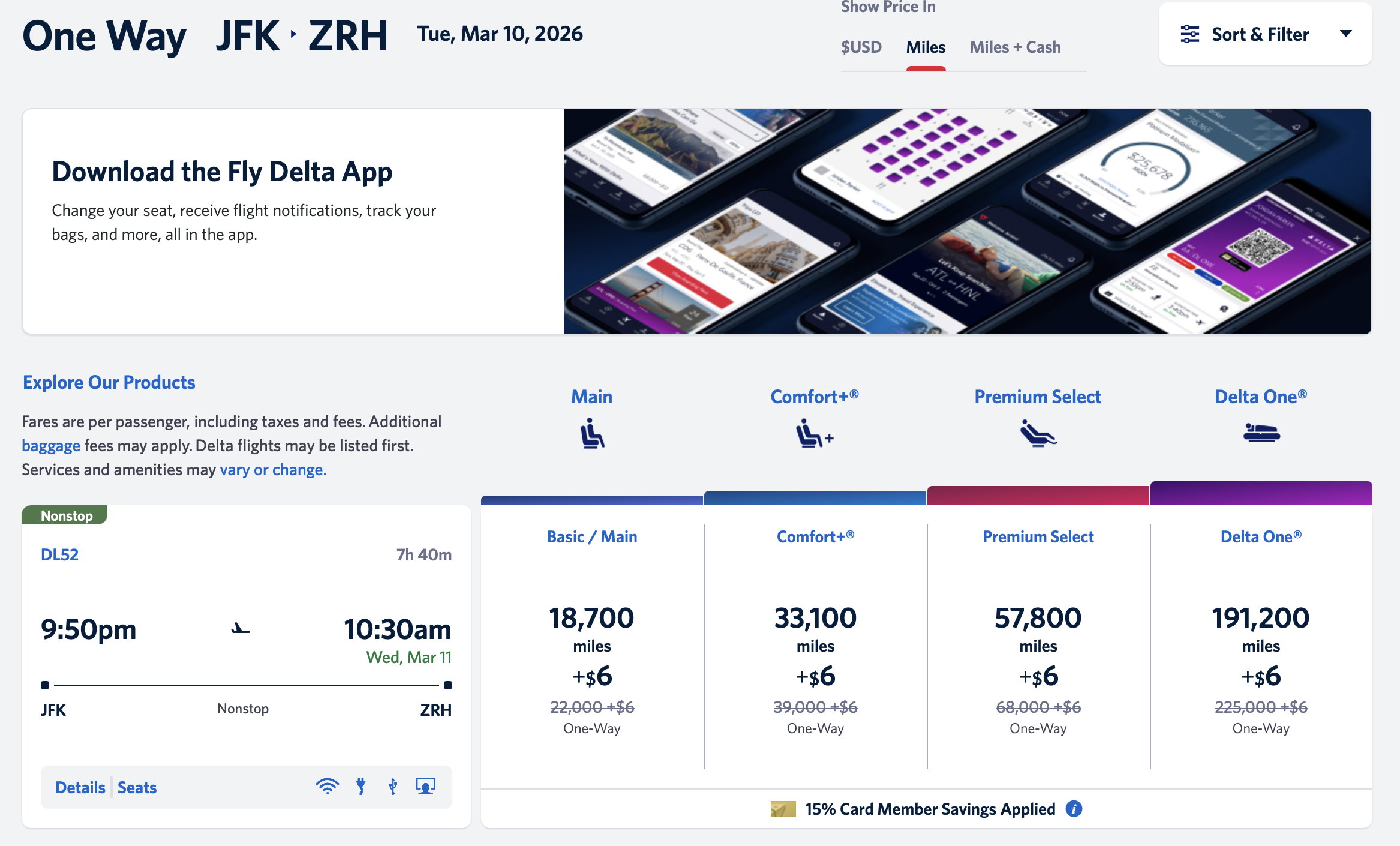 JFK to ZRH Delta Award with the TakeOff 15 discount applied