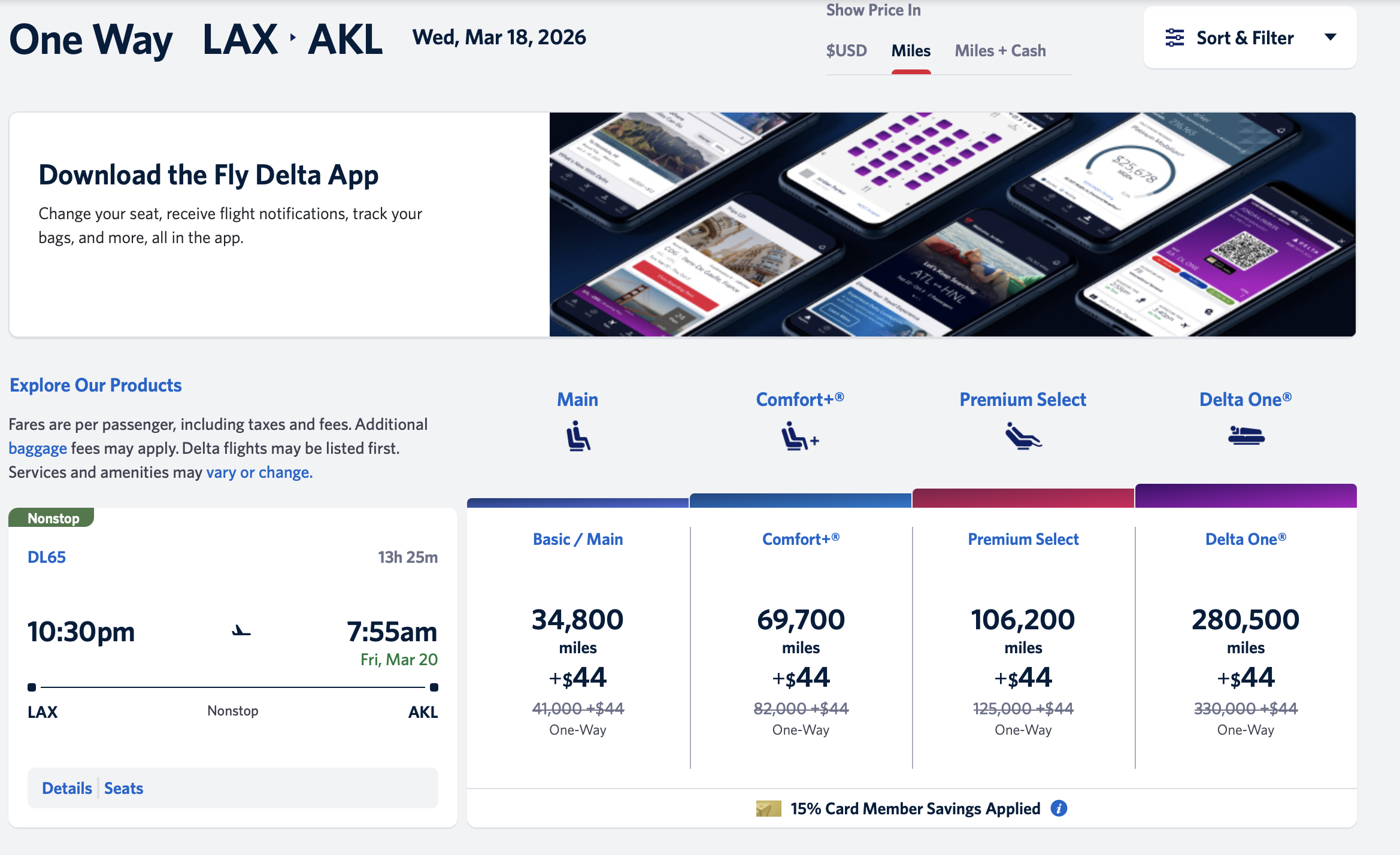 Price of a Delta award flight from Los Angeles to Auckland, New Zealand with the TakeOff 15 discount