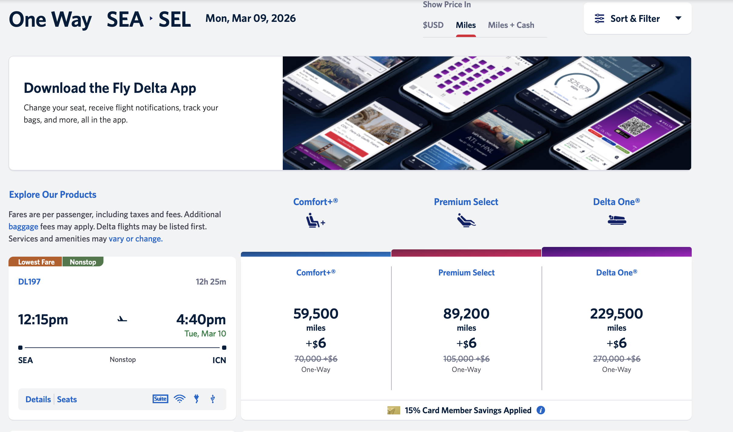 SEA to ICN Delta award with 229,500 Delta One award pricing after the TakeOff 15 discount
