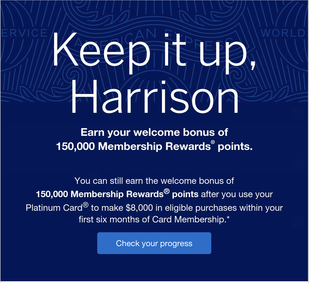 Screenshot of Amex welcome bonus progress tracker email