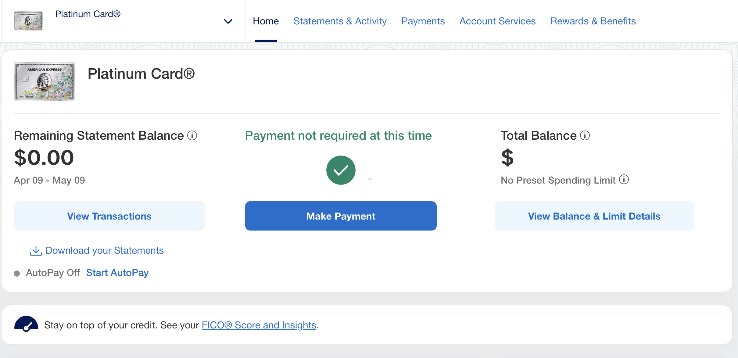 The Amex Platinum Card account homepage.