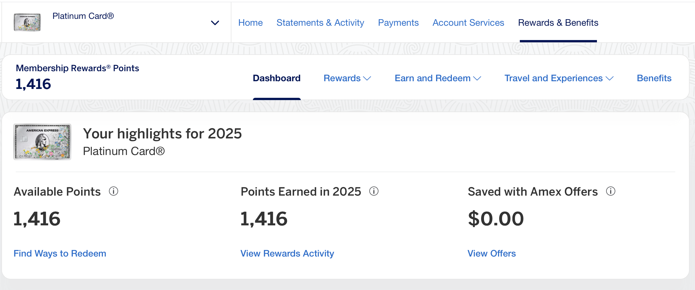 Amex Membership Rewards Points dashboard.