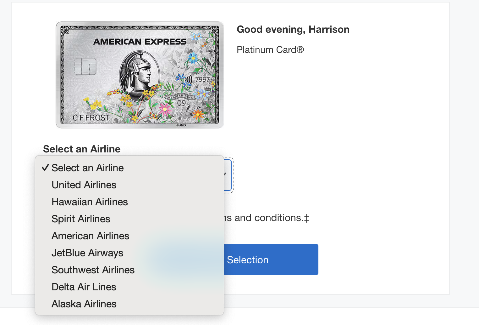 The airline selection tool for the $200 airline fee credit.