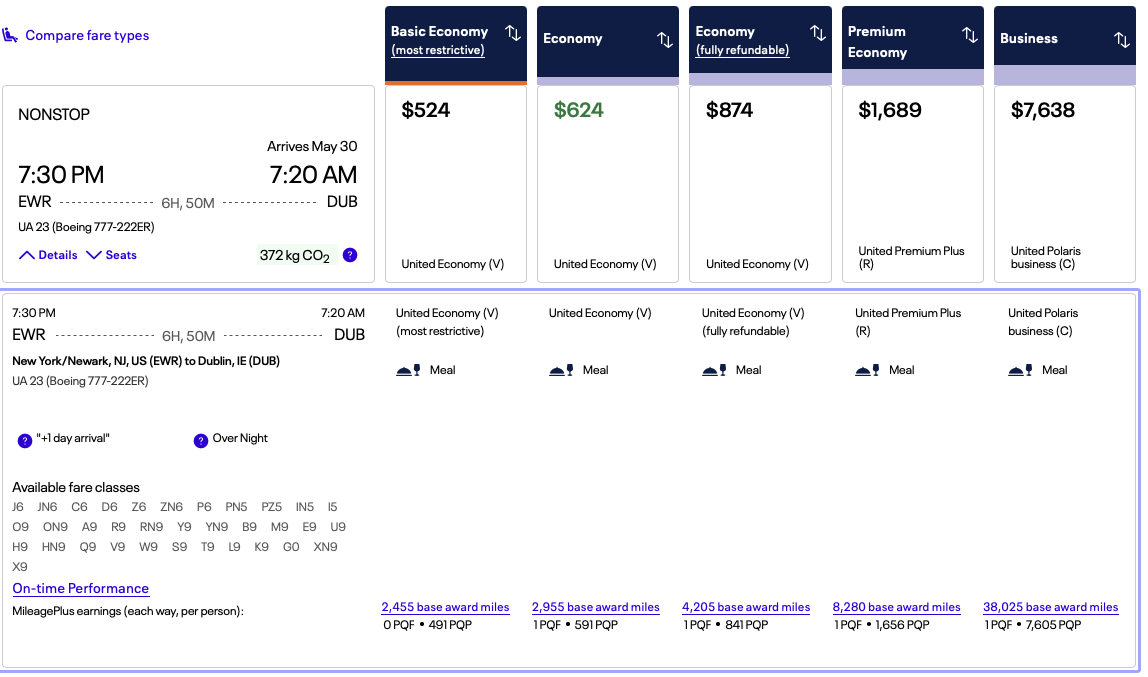 United flight fares
