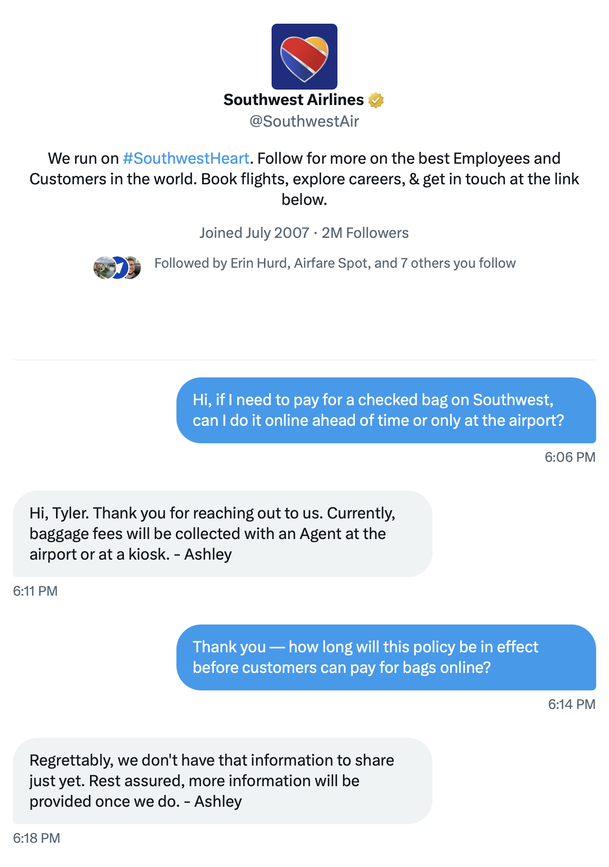 Chat with Southwest rep confirming the only-at-airport bag payment policy.