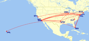 Map of all domestic routes where American Airlines is flying lie-flat seats in July 2025