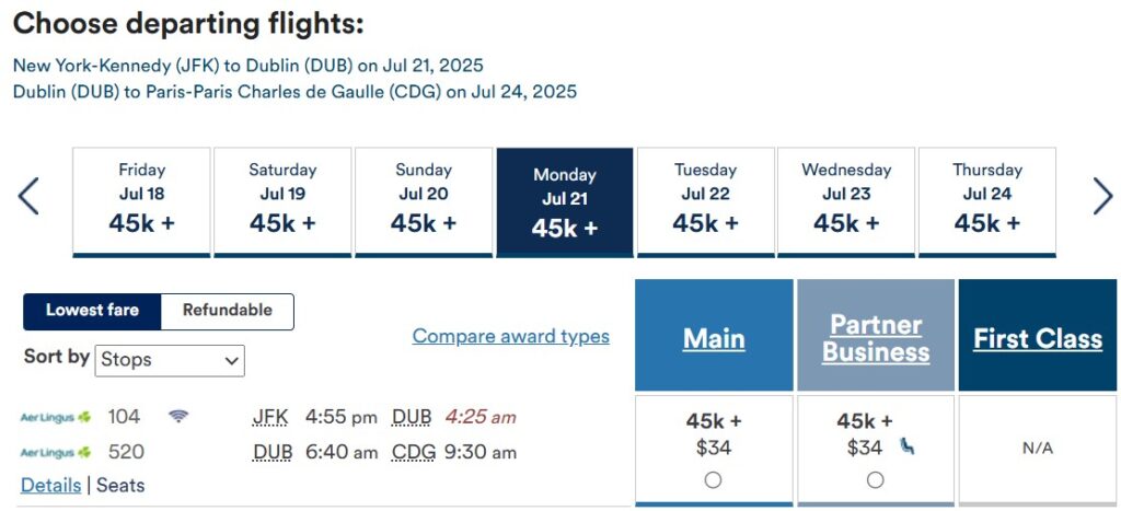 New York to Paris with a 2 day stopover in Ireland.