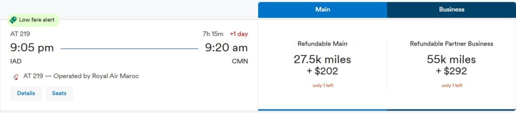 Washington DC to Morocco on Royal Air Maroc.