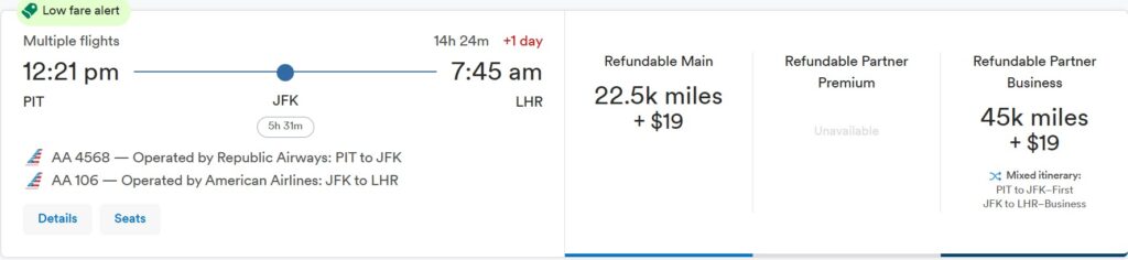 Pittsburgh to London flight for 45K in business class.