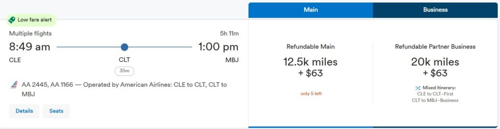 A Cleveland to Montego Bay flight for 12,500 Alaska miles in economy or 20,000 miles in business class