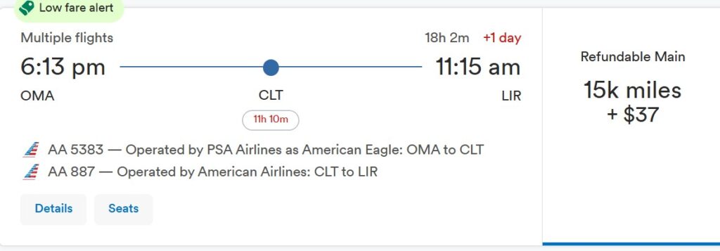 A flight from Omaha to Liberia for 15,000 Alaska miles in economy