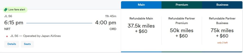 A Tokyo to Chicago flight on Japan Airlines for 75,000 Alaska miles in business class